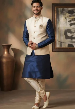 Embroidered Collar Dupion Silk Kurta Set in Navy Blue and Cream