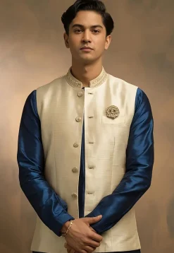 Embroidered Collar Dupion Silk Nehru Jacket in Cream