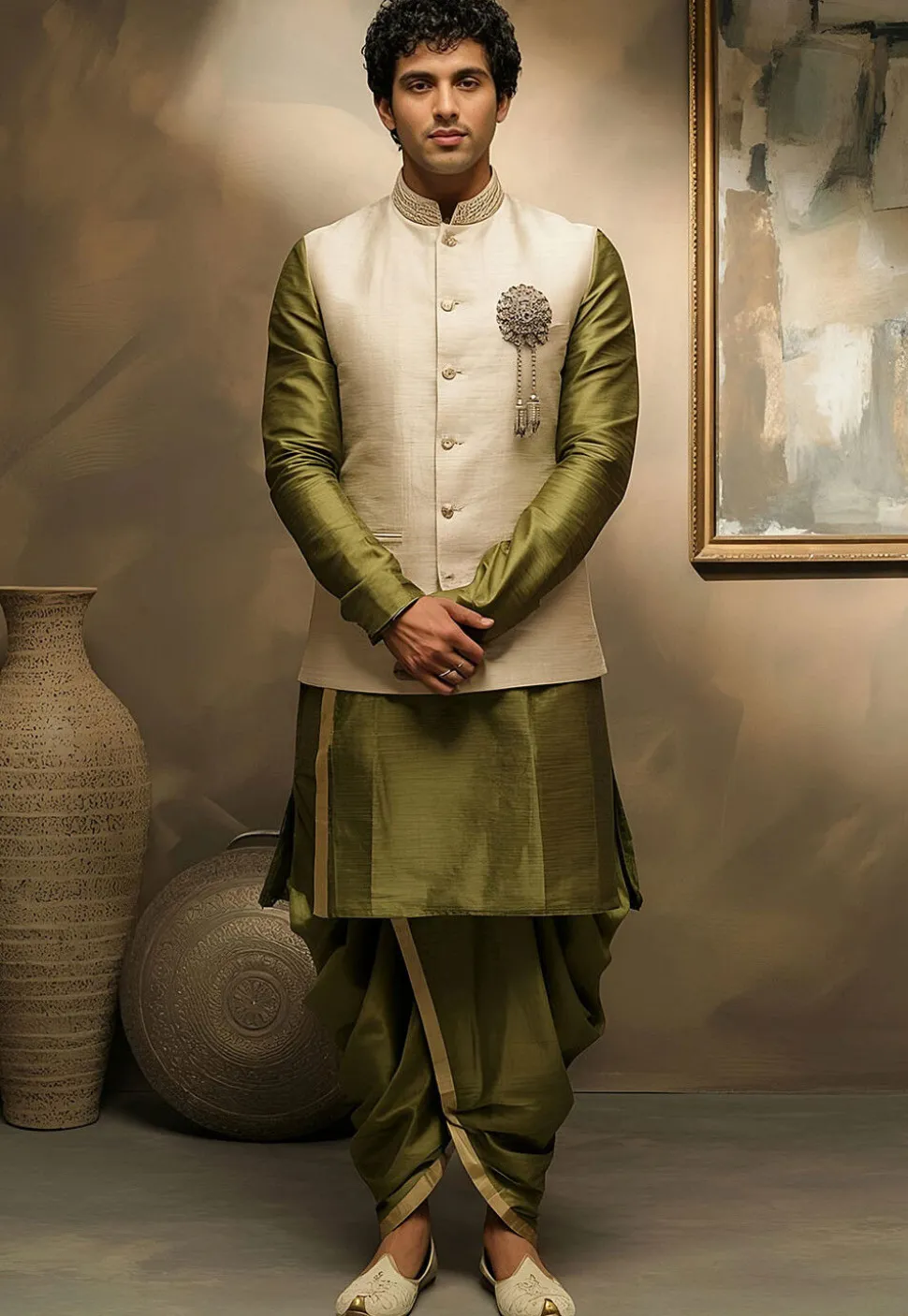 Embroidered Collar Dupion Silk Kurta Set in Olive Green and Cream