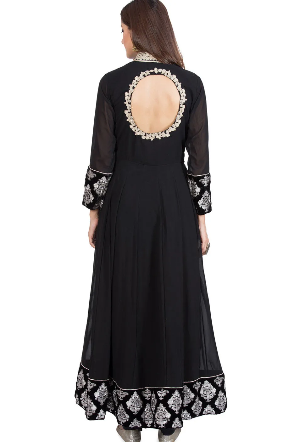 Embroidered Collar Georgette Abaya Style Suit in Black