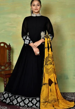 Embroidered Collar Georgette Abaya Style Suit in Black