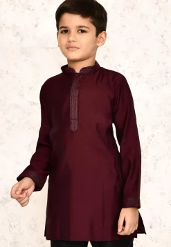 Embroidered Collar Lycra Kurta in Maroon