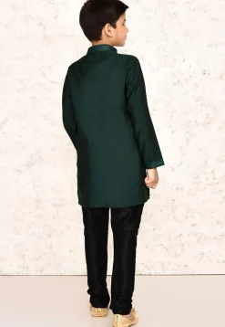 Embroidered Collar Lycra Kurta Set in Dark Green