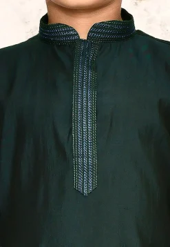 Embroidered Collar Lycra Kurta Set in Dark Green