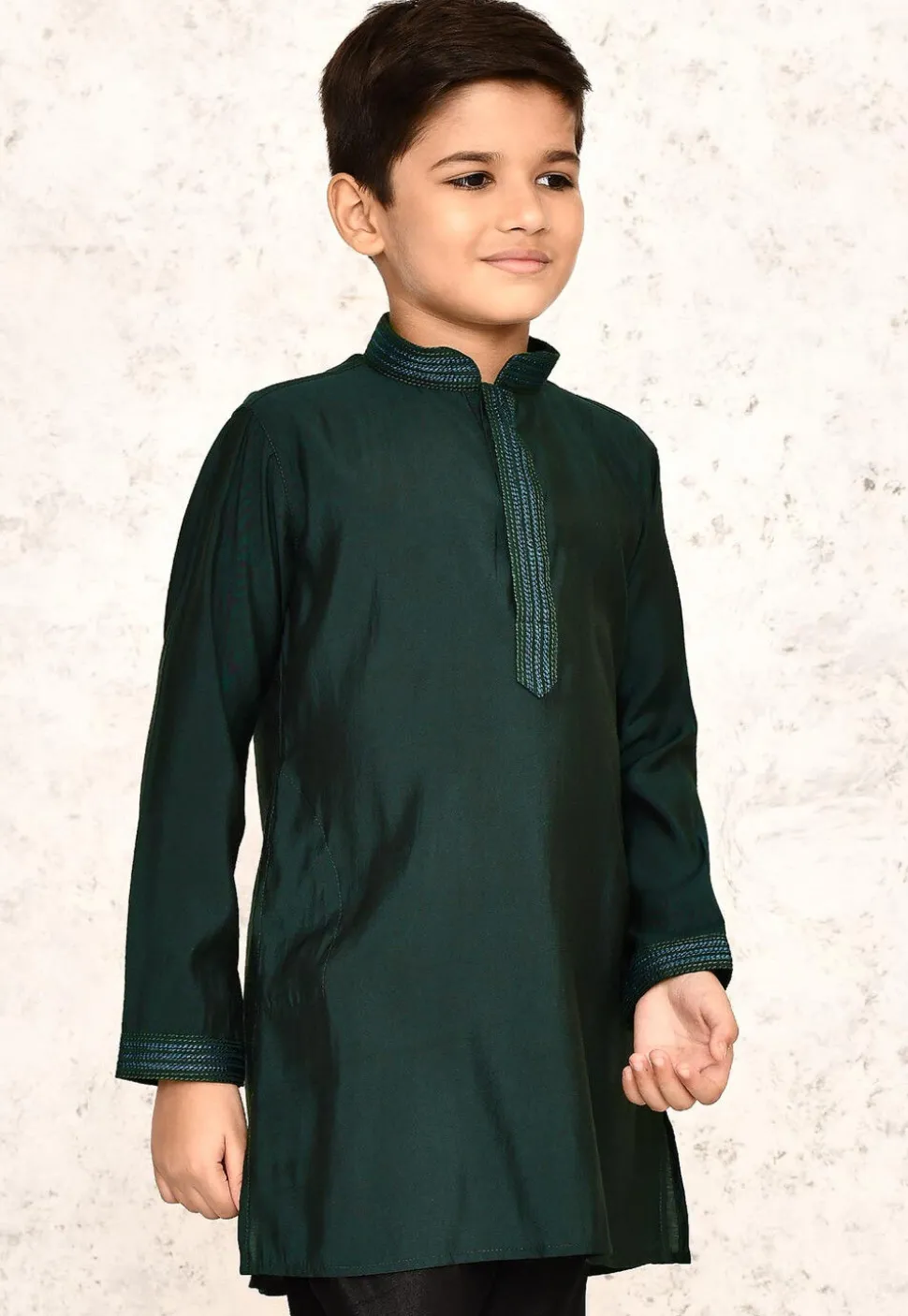 Embroidered Collar Lycra Kurta in Dark Green