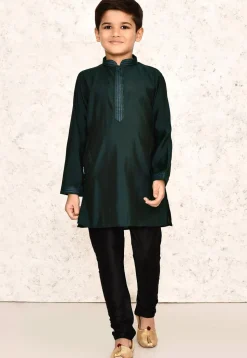 Embroidered Collar Lycra Kurta in Dark Green