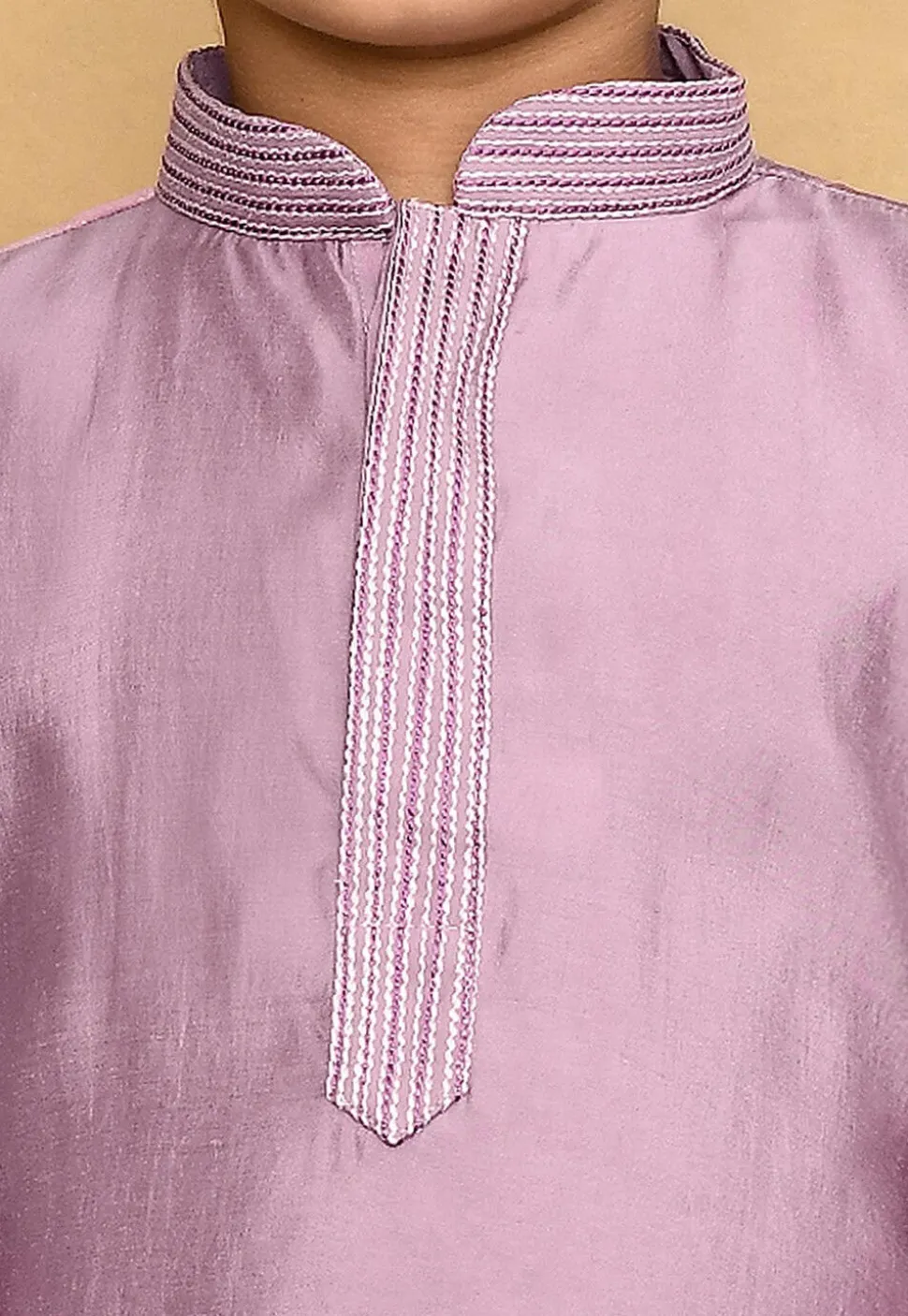 Embroidered Collar Lycra Kurta Set in Light Purple