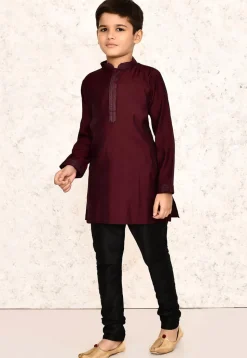 Embroidered Collar Lycra Kurta Set in Maroon