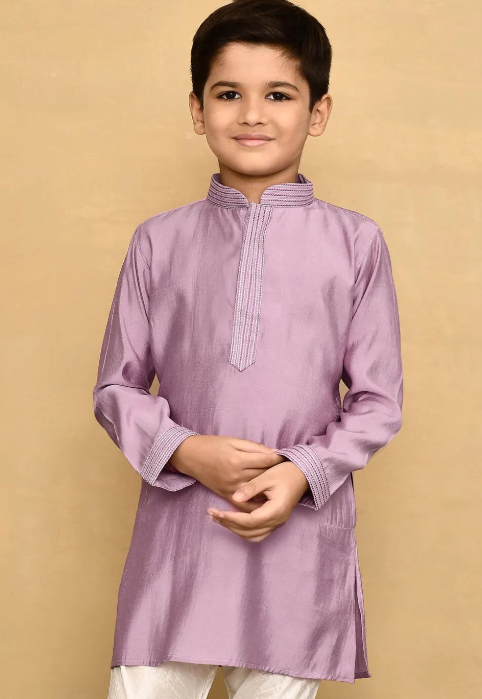 Embroidered Collar Lycra Kurta in Light Purple