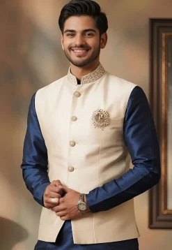 Embroidered Collar Pure Cotton Nehru Jacket in Cream