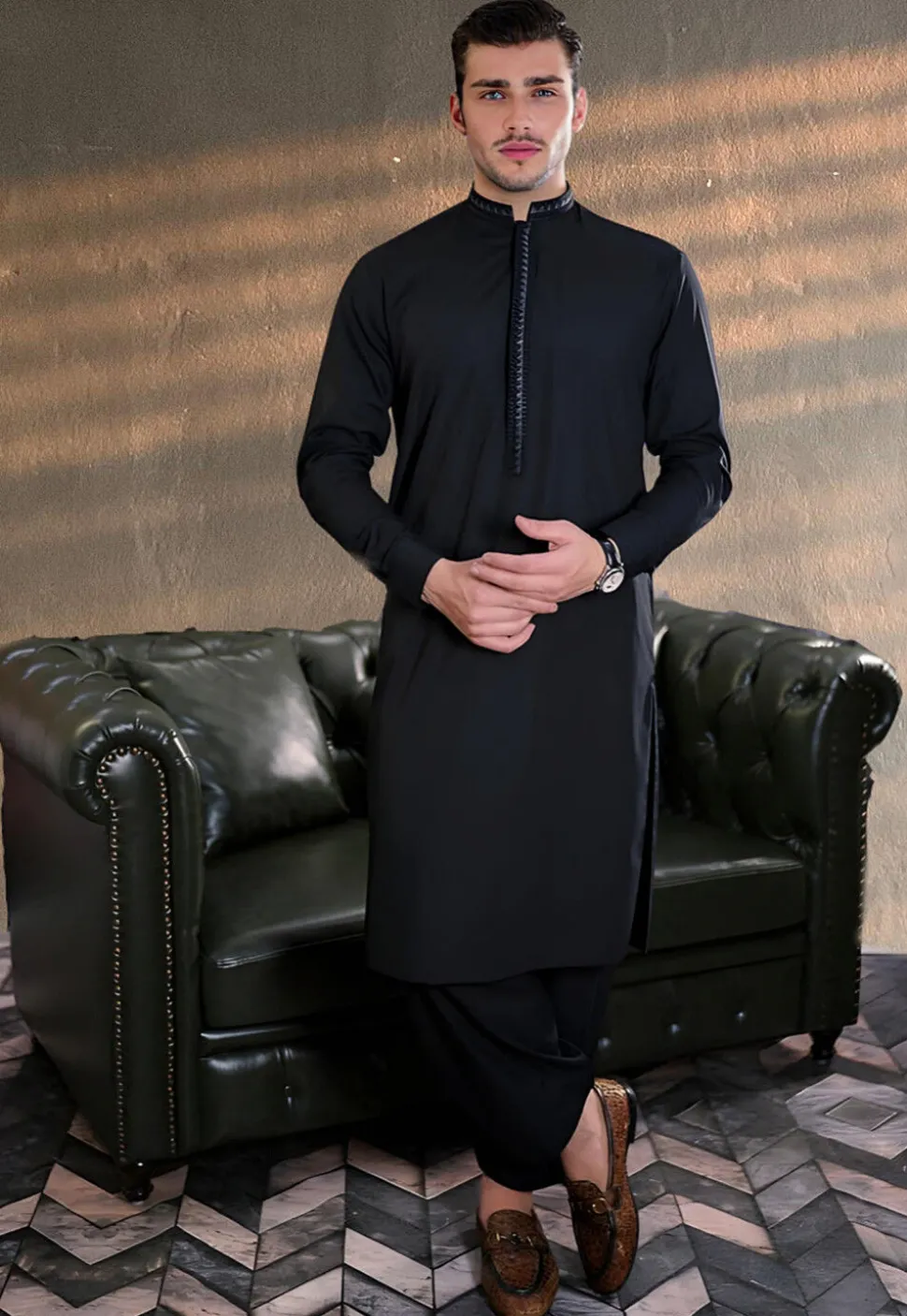 Embroidered Collar Pure Cotton Kurta Set in Black