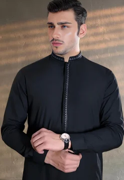 Embroidered Collar Pure Cotton Kurta Set in Black