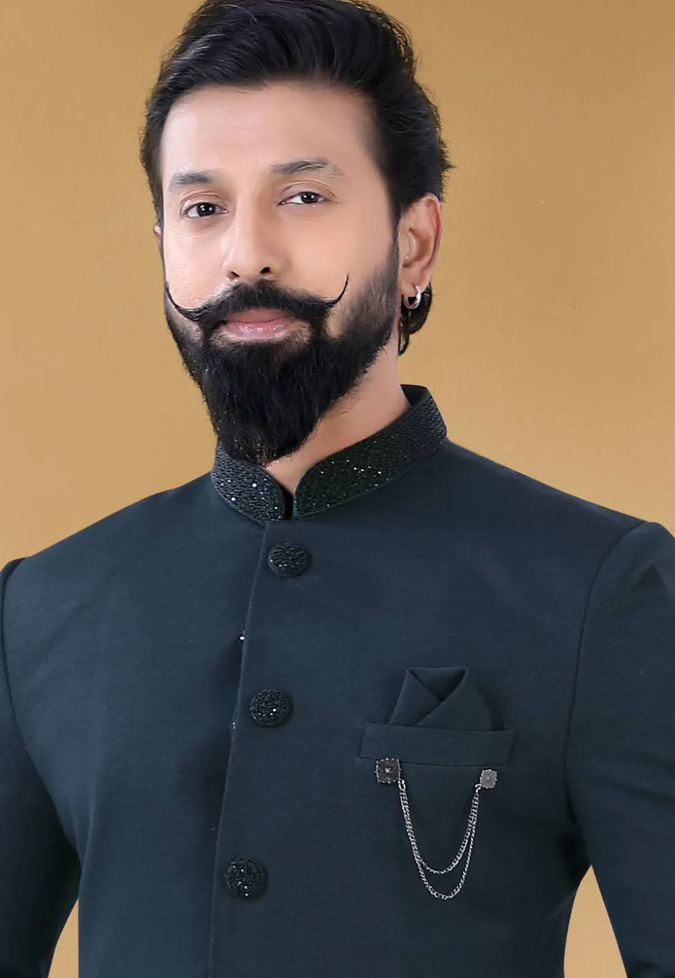 Embroidered Collar Terry Rayon Jodhpuri Suit in Dark Grey
