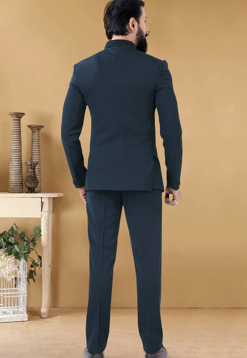Embroidered Collar Terry Rayon Jodhpuri Suit in Dark Grey