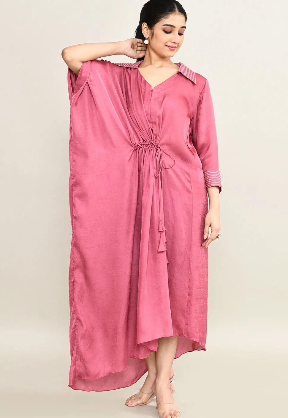 Embroidered Collar Viscose Silk Clinched Waist Dress in Pink