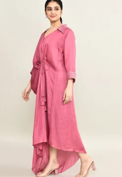 Embroidered Collar Viscose Silk Clinched Waist Dress in Pink