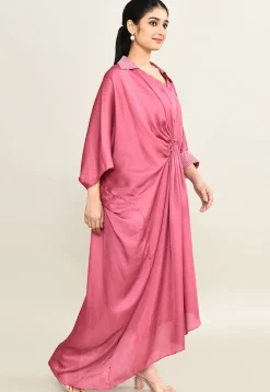 Embroidered Collar Viscose Silk Clinched Waist Dress in Pink