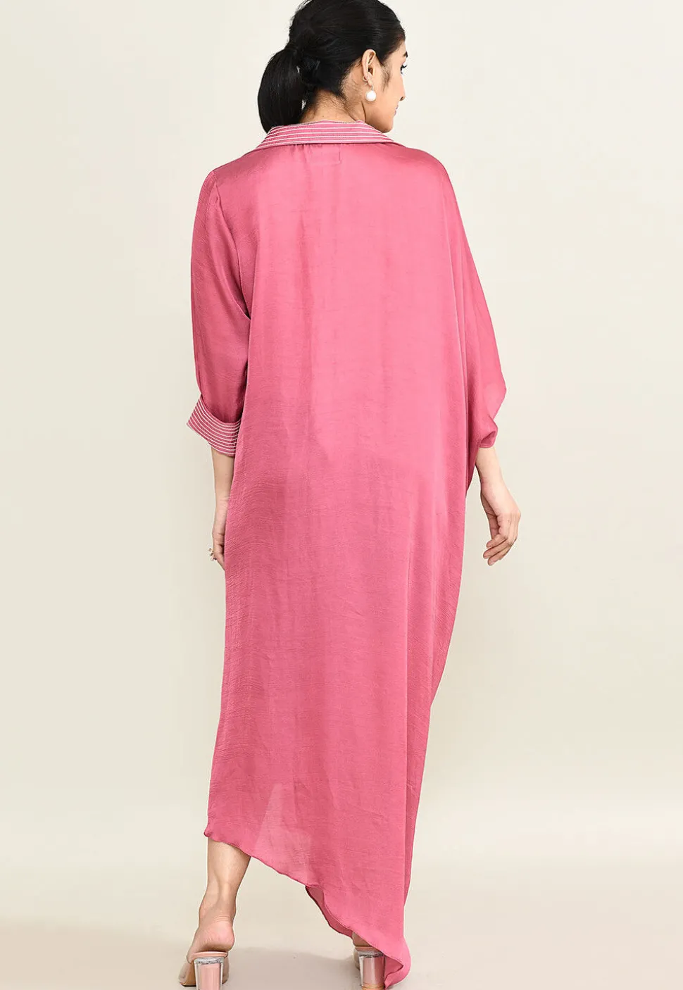 Embroidered Collar Viscose Silk Clinched Waist Dress in Pink