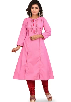 Embroidered Cotton A Line Kurta Set in Pink