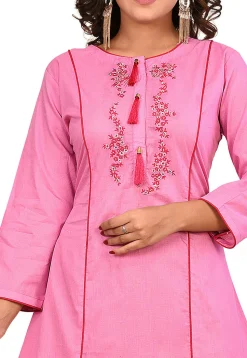 Embroidered Cotton A Line Kurta Set in Pink