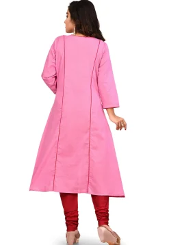 Embroidered Cotton A Line Kurta Set in Pink