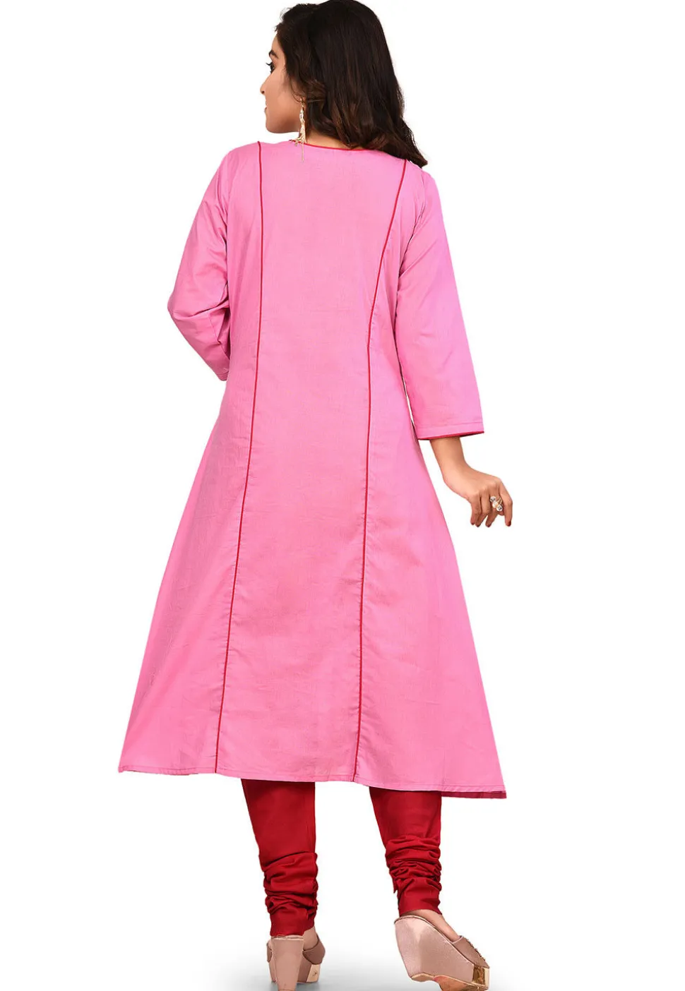 Embroidered Cotton A Line Kurta Set in Pink