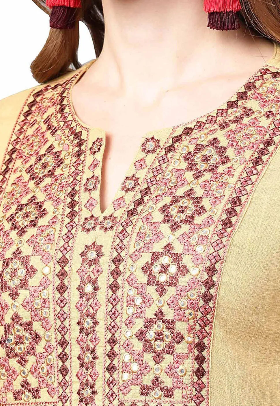 Embroidered Cotton A Line Kurta in Beige
