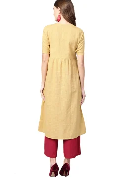 Embroidered Cotton A Line Kurta in Beige