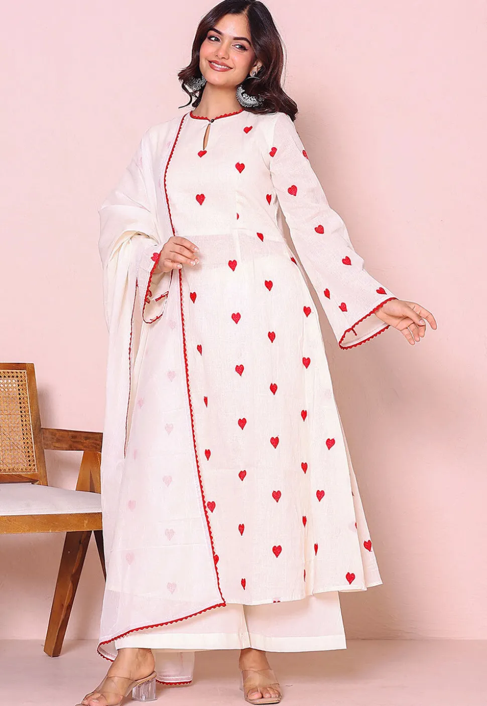 Embroidered Cotton A Line Suit in Off White