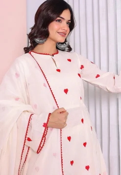 Embroidered Cotton A Line Suit in Off White
