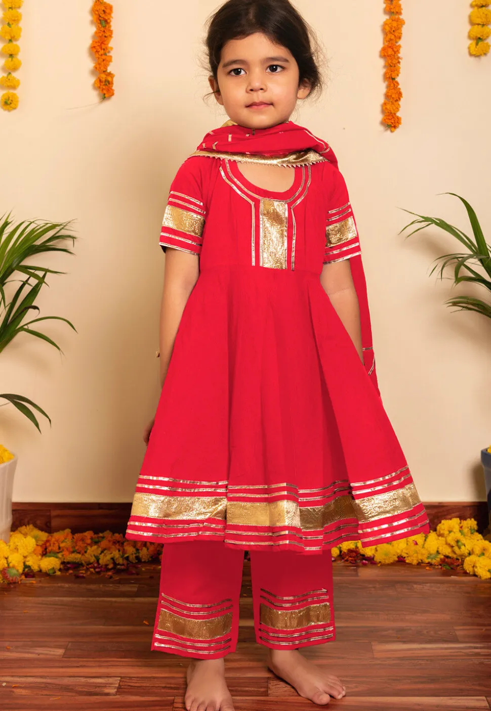 Embroidered Cotton A Line Suit in Red