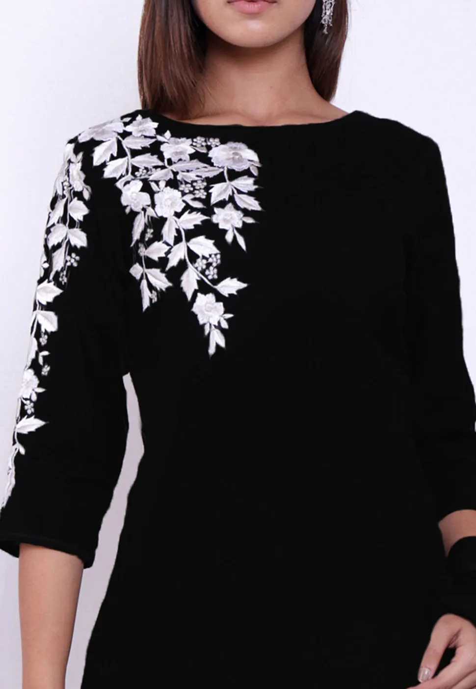 Embroidered Cotton A Line Suit in Black