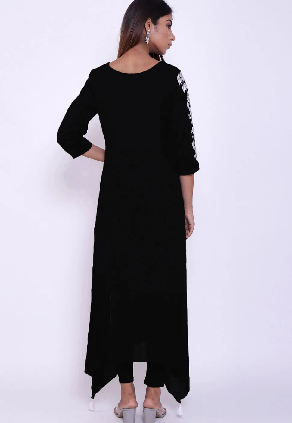 Embroidered Cotton A Line Suit in Black