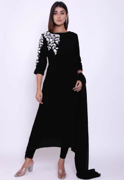 Embroidered Cotton A Line Suit in Black