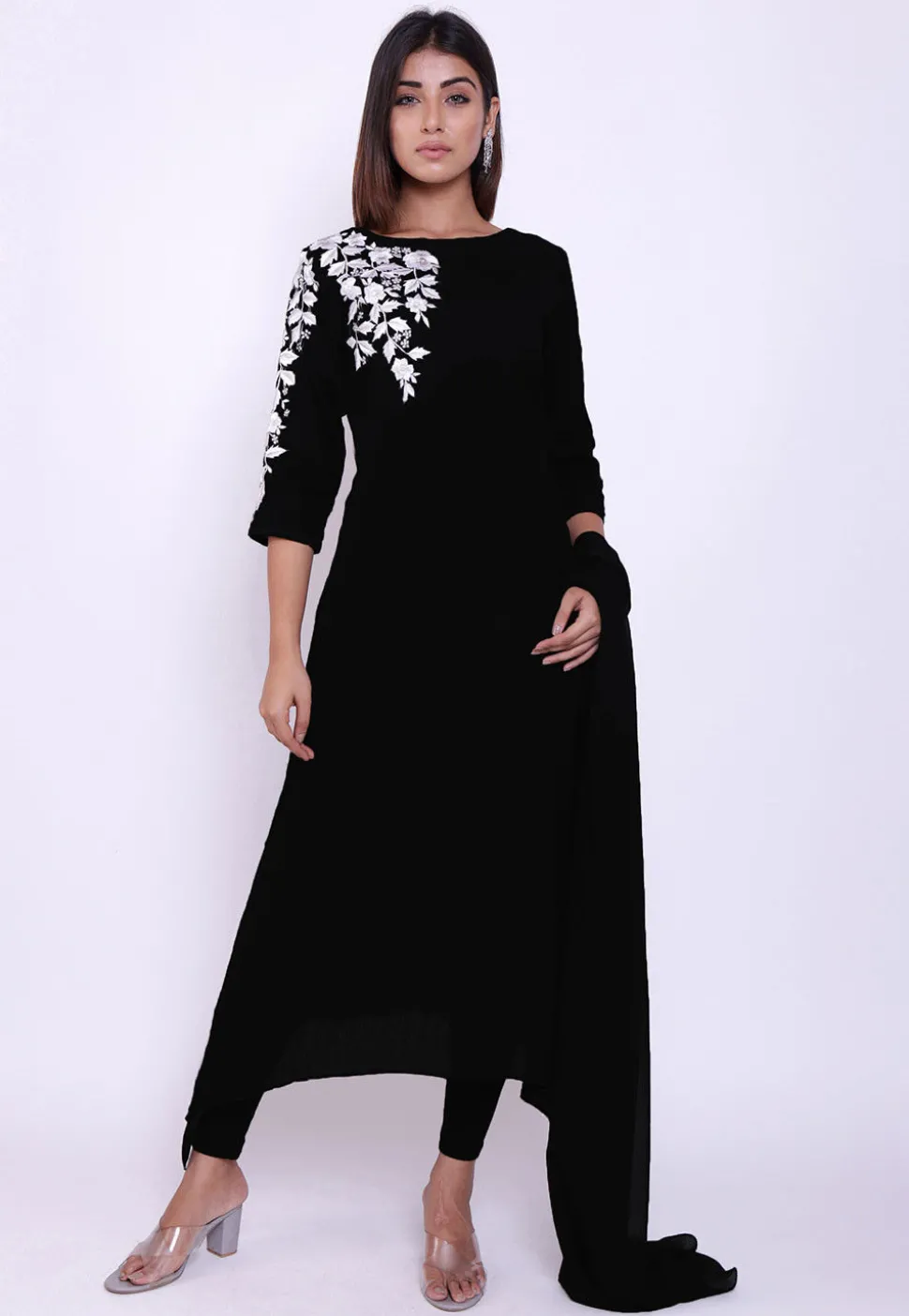Embroidered Cotton A Line Suit in Black