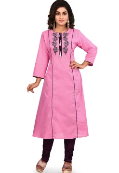 Embroidered Cotton A Line Kurta Set in Pink