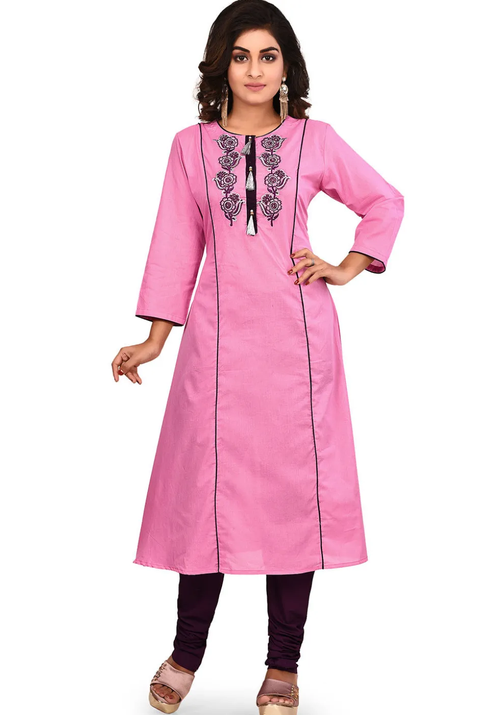 Embroidered Cotton A Line Kurta Set in Pink