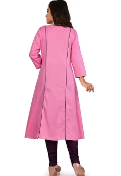 Embroidered Cotton A Line Kurta Set in Pink