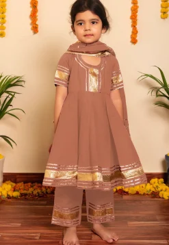 Embroidered Cotton A Line Suit in Peach