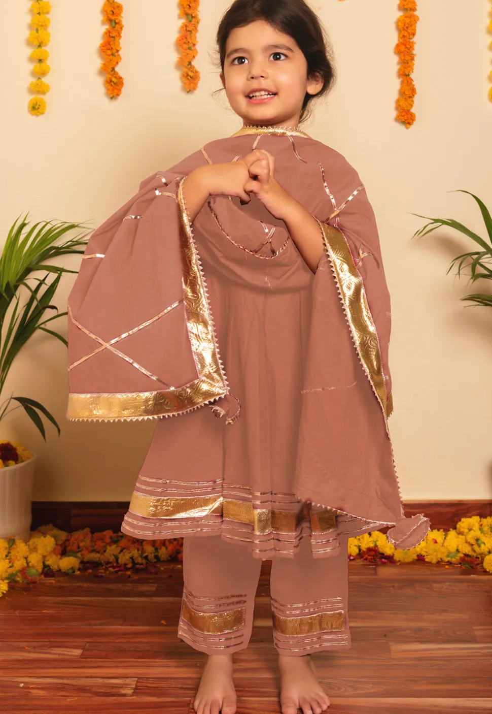 Embroidered Cotton A Line Suit in Peach