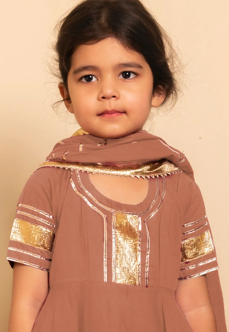Embroidered Cotton A Line Suit in Peach