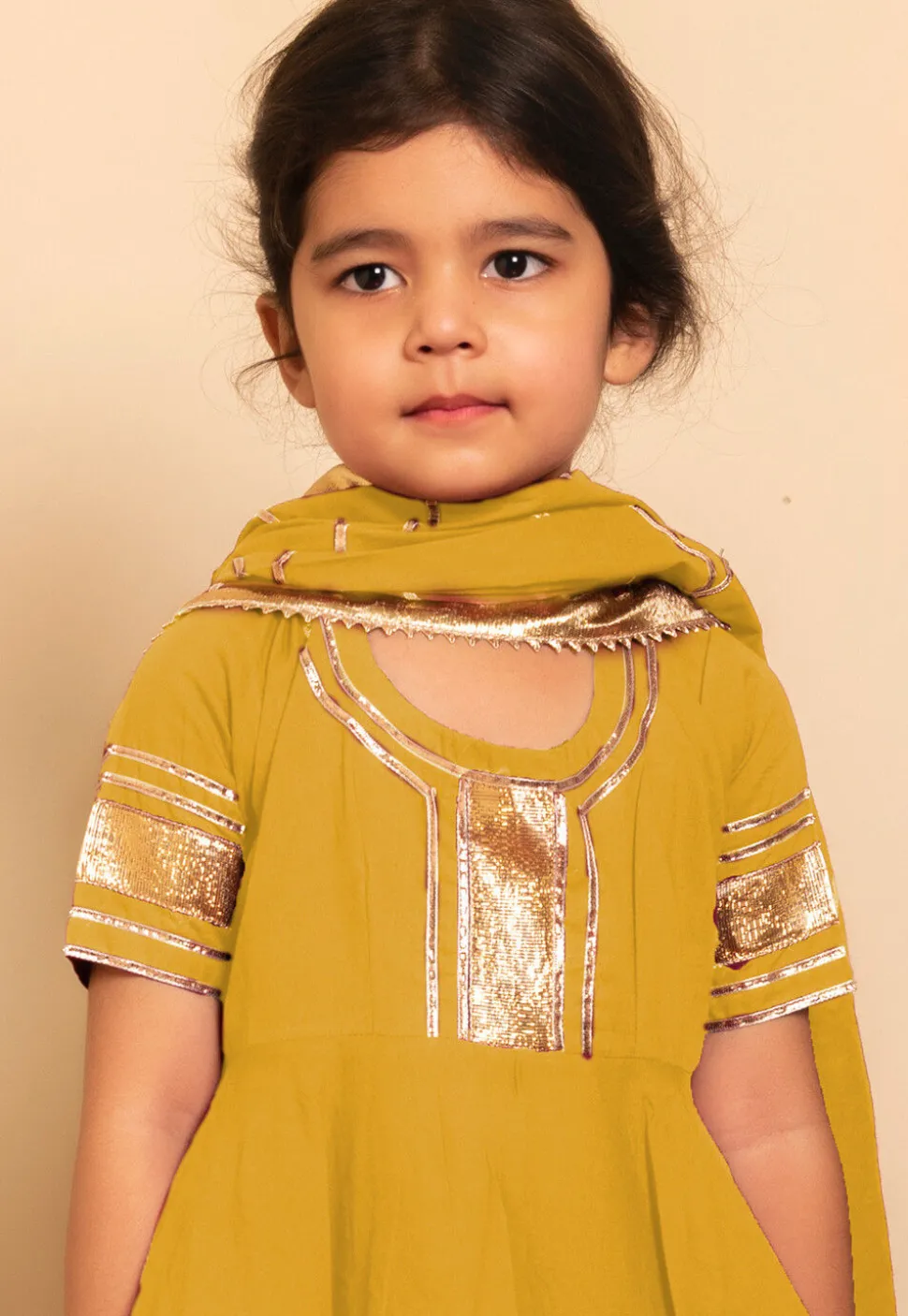 Embroidered Cotton A Line Suit in Mustard