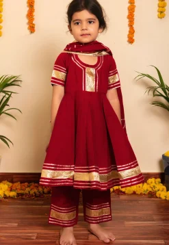 Embroidered Cotton A Line Suit in Maroon