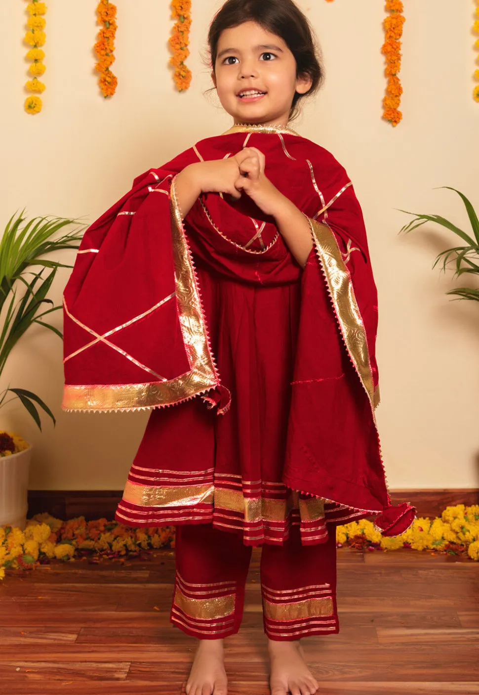 Embroidered Cotton A Line Suit in Maroon