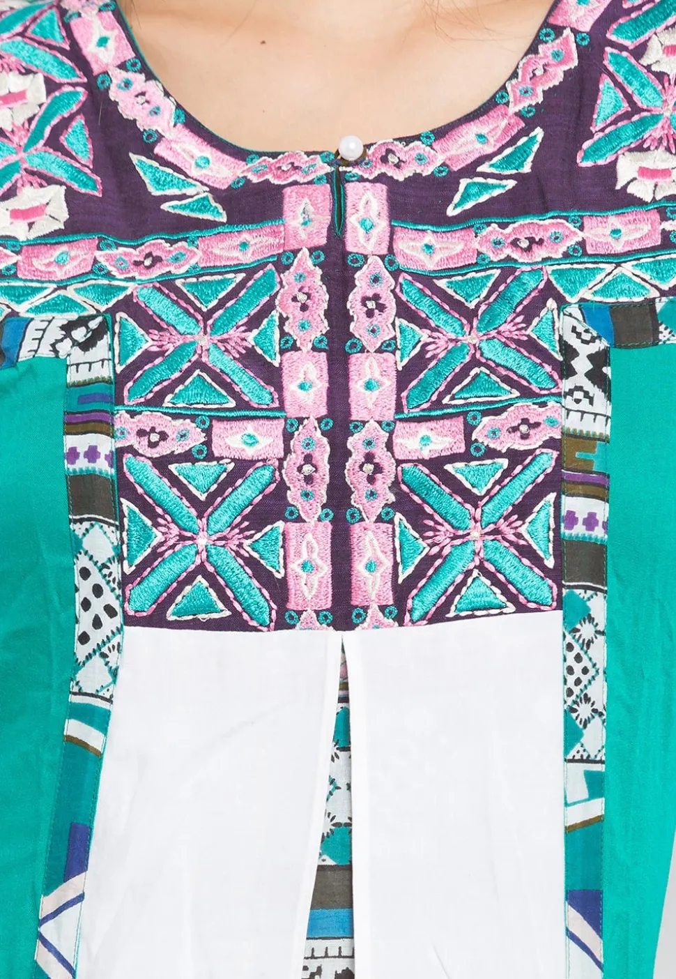 Embroidered Cotton A Line Kurta in Teal Green