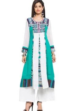 Embroidered Cotton A Line Kurta in Teal Green