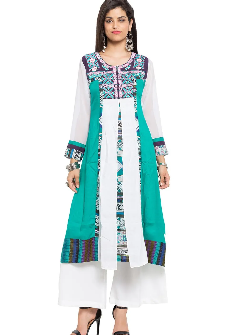 Embroidered Cotton A Line Kurta in Teal Green