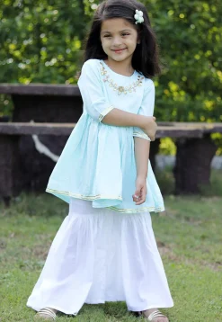 Embroidered Cotton A Line Kurta Set in Light Blue