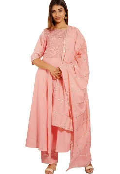 Embroidered Cotton A Line Suit in Baby Pink