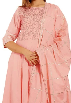Embroidered Cotton A Line Suit in Baby Pink